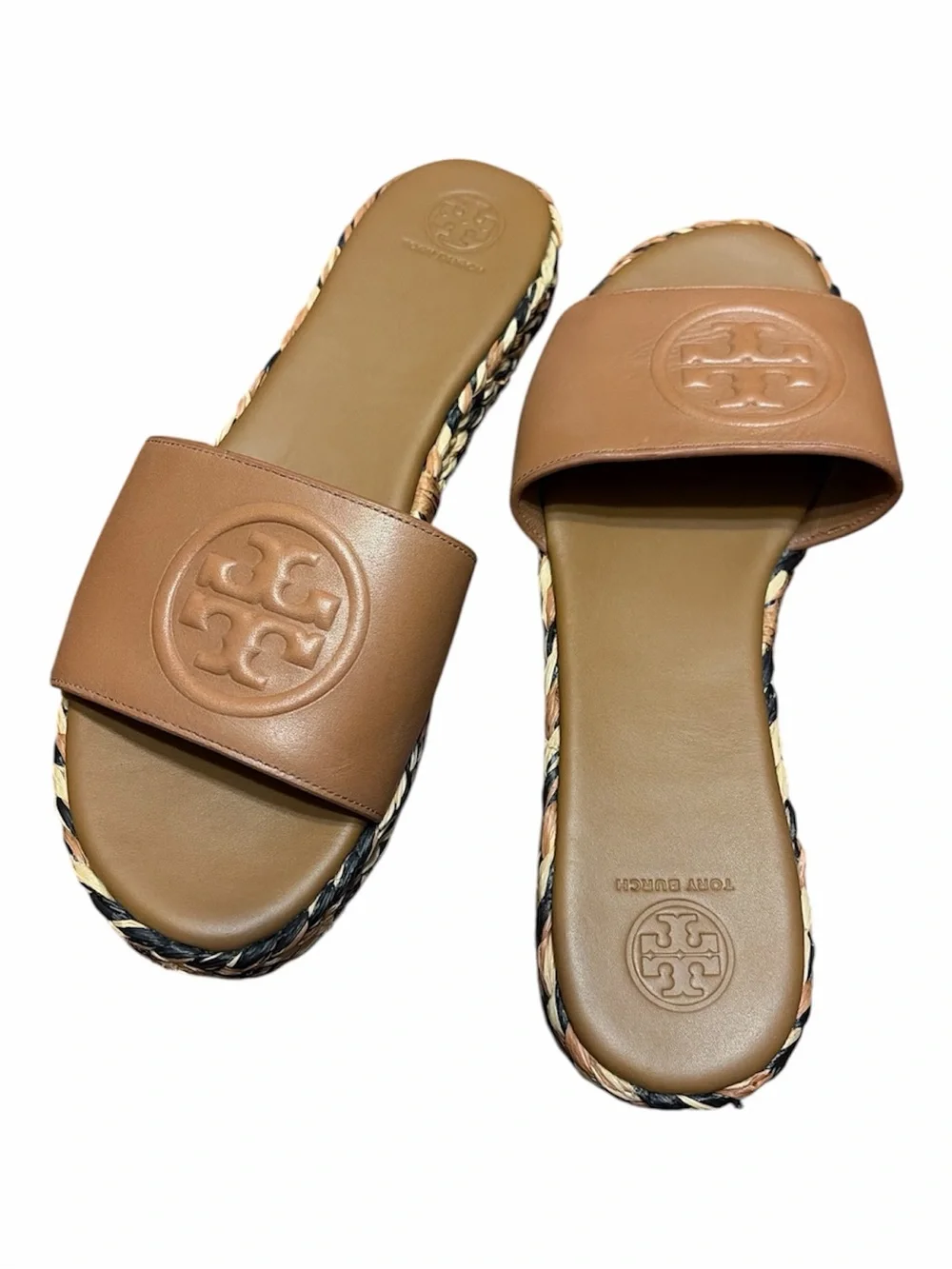 Tory Burch Double T Braided Leather Espadrille Slide Sandals Tan